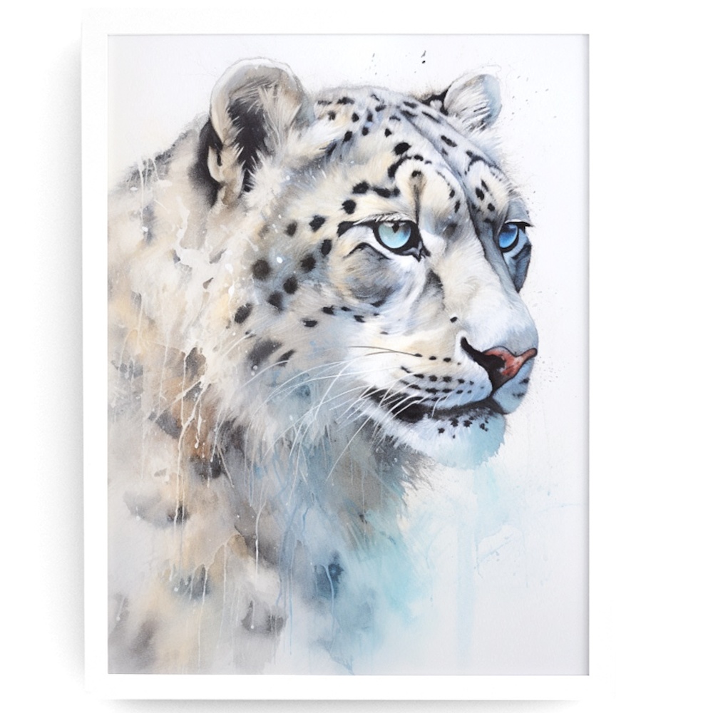 Watercolor Snow Leopard Portrait Wall Art Illustration Print Poster Unframed   •
